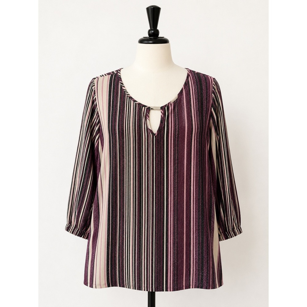 Cocomo‎ Blouse Women XL Purple Gold Metallic Striped Keyhole Lurex Top Glam